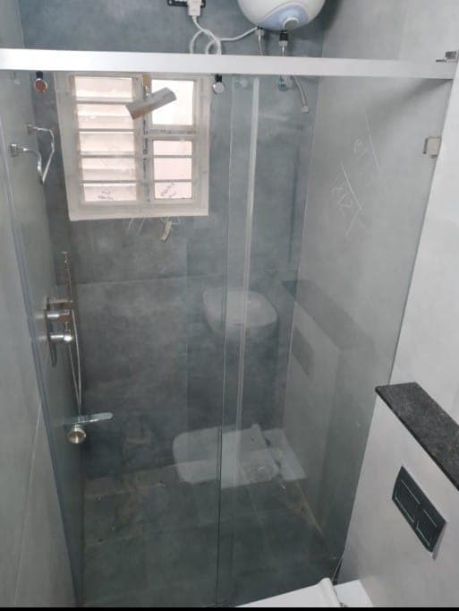 Close view of a glass shower enclosure