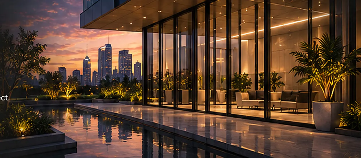 Illustration of a glass-fronted building reflected in water at dusk