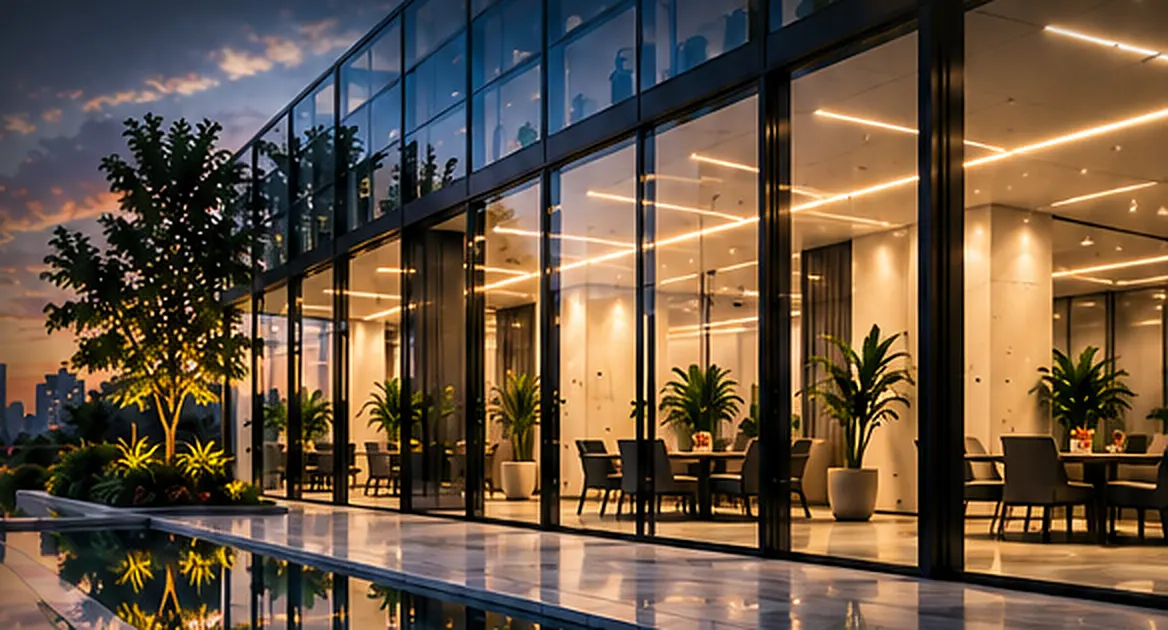 Illustration of a glazed commercial interior seen from outside at dusk