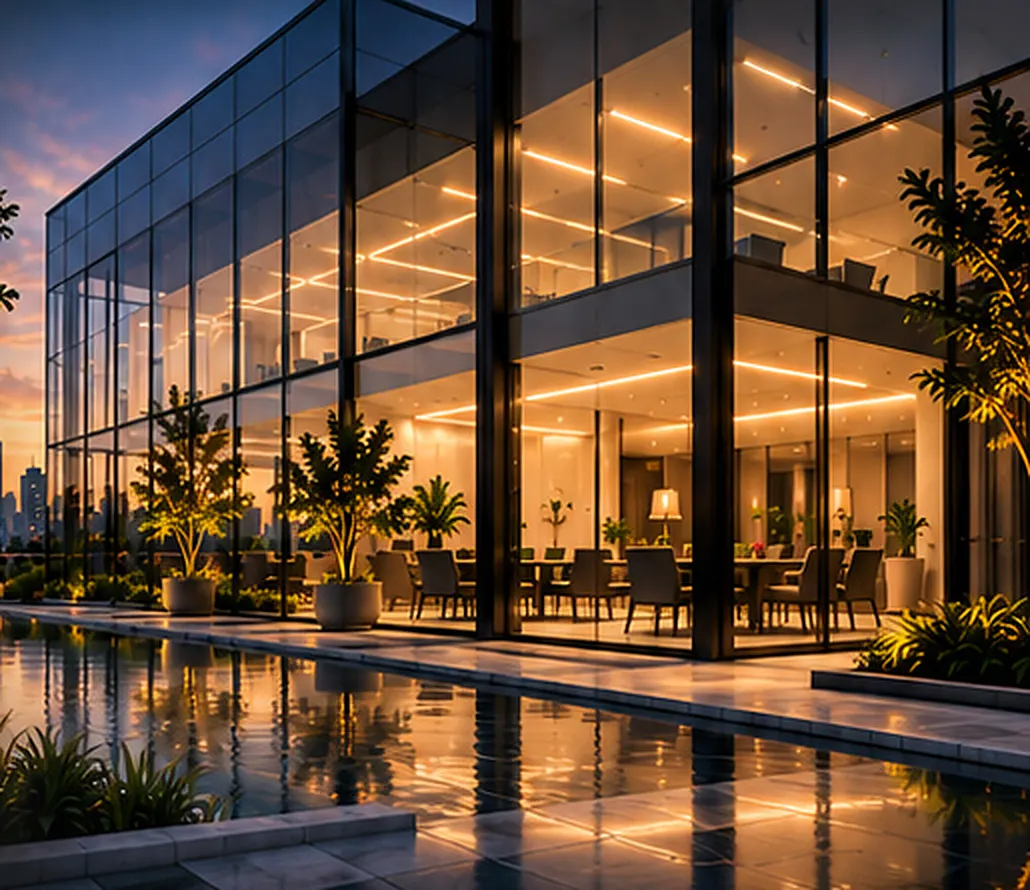 Illustration of a modern glass-fronted building at dusk