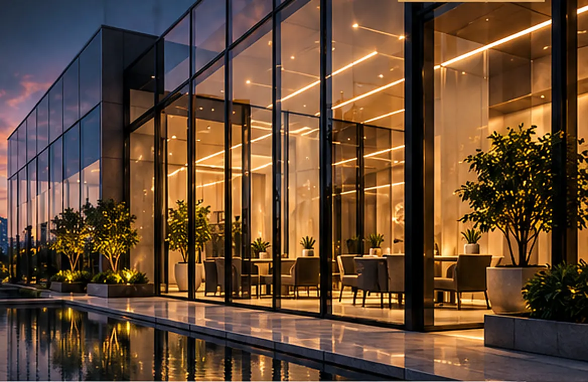 Illustration of a modern glass building facade at dusk
