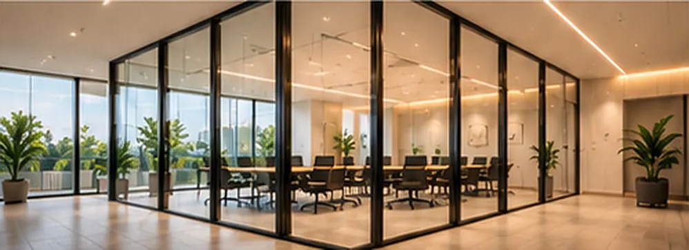 Illustration of an office with black-framed glass partitions